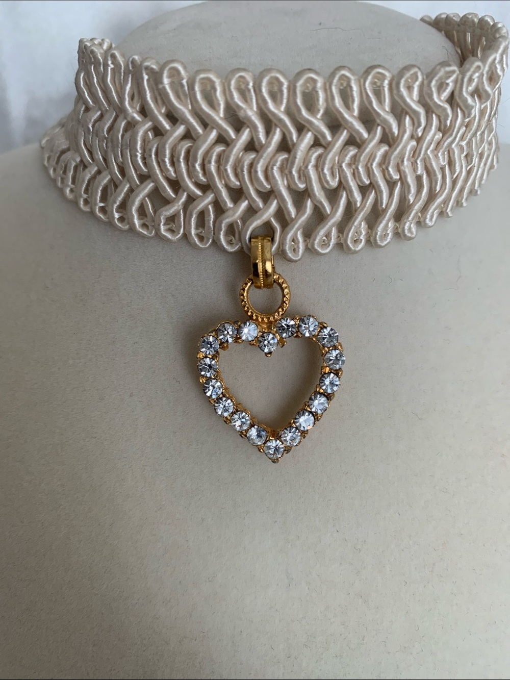 Beige Braided Choker Necklace with Gold Crystal Heart Pendant